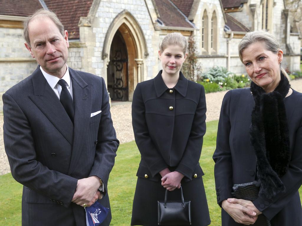 The Earl of Wessex, left, attends a service in Windsor on Sunday with his wife Sophie, Countess of Wessex, and their daughter Lady Louise Windsor. Picture: Steve Parsons - WPA Pool/Getty Images