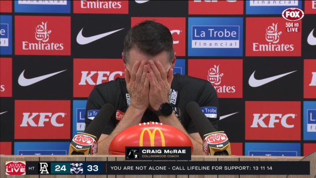 Craig McRae broke down in his post-match press conference. Photo: Fox Sports