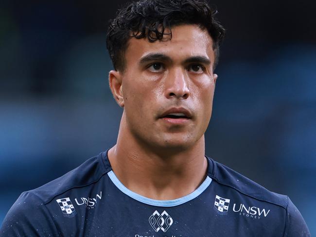 SYDNEY, AUSTRALIA - FEBRUARY 14: Joseph-Aukuso Suaalii of the Waratahs warms up before the round one Super Rugby Pacific match between NSW Waratahs and Highlanders at Allianz Stadium, on February 14, 2025, in Sydney, Australia. (Photo by Darrian Traynor/Getty Images)