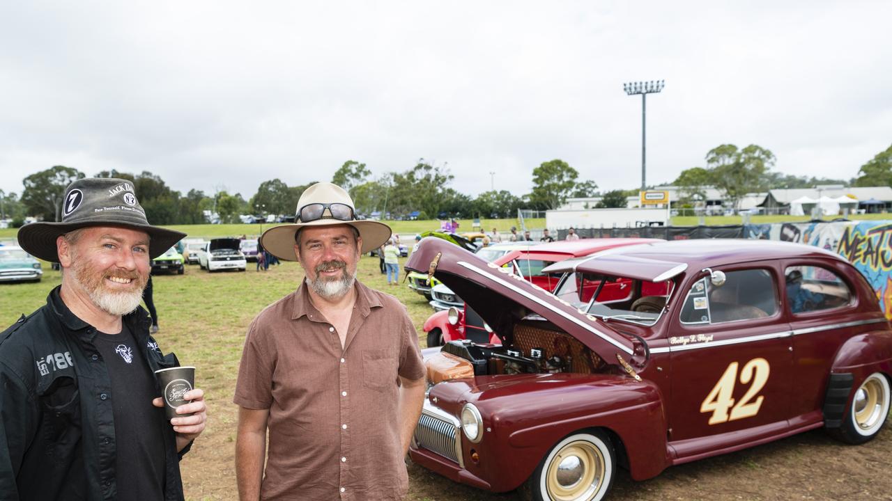 Derek Stewart (left) and Chris Anscombe with Chris's 1942 Ford Tudor on display at Meatstock at Toowoomba Showgrounds, Saturday, April 9, 2022. Picture: Kevin Farmer