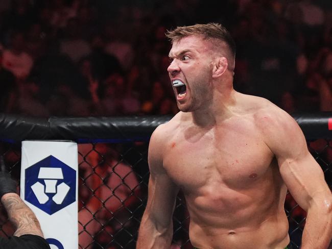 LAS VEGAS, NEVADA - JULY 08: Dricus Du Plessis of South Africa reacts after his knockout victory over Robert Whittaker of New Zealand in a middleweight fight during the UFC 290 event at T-Mobile Arena on July 08, 2023 in Las Vegas, Nevada. (Photo by Cooper Neill/Zuffa LLC via Getty Images)