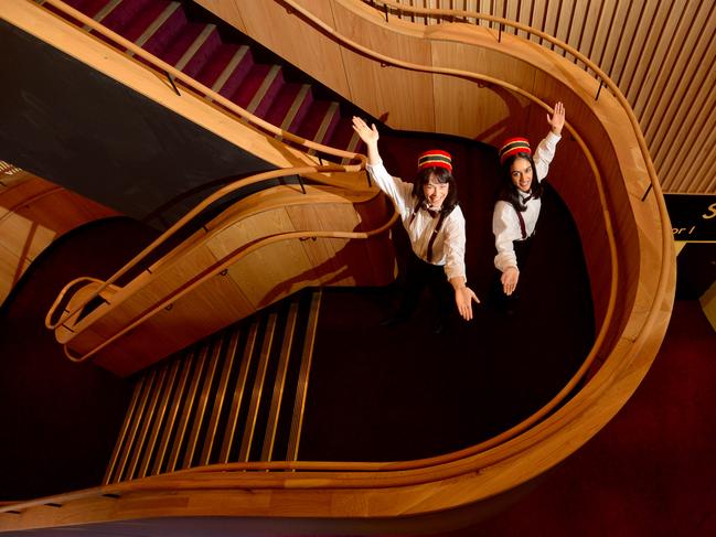 Britt Plumber and Shabana Azeez show off the new foyer stairs at Her Majesty's Theatre, part of the Curtain Up guided tour of the newly renovated venue. Photo: Sam Wundke