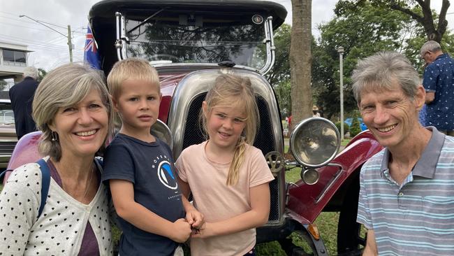 Gympie Anzac Day service 2022 - Caroline Ossalar, Hunter McBryde, Adeline McBryde, and Mark Ossolar.