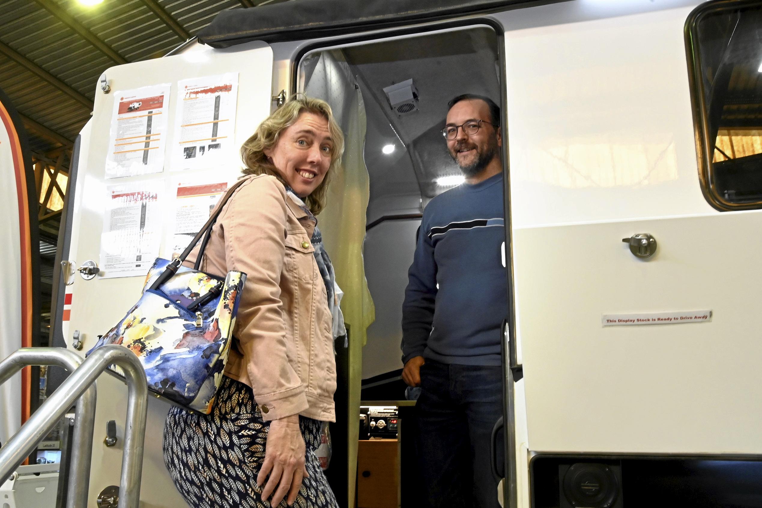 Kym and Dean Beliveau take a look through the Kimbeley Karavan range at the Queensland Outdoor Adventure and Motoring Expo. August 2019. Picture: Bev Lacey