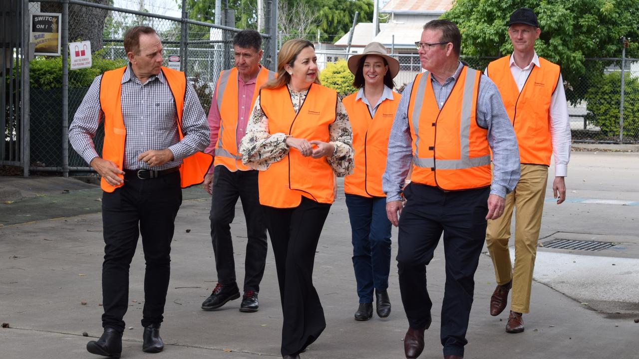 Queensland Premier Annastacia Palaszczuk with Transport Minister Mark Bailey, Assistant Train Manufacturing Minister Bruce Saunders, Member for Rockhampton Barry O’Rourke, Member for Keppel Brittany Lauga and Rockhampton Region Mayor Tony Williams at the Rockhampton Railyards on May 30, 2022. Picture: Aden Stokes