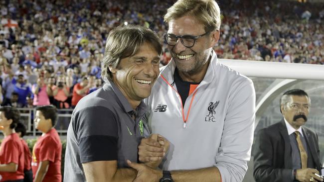 Liverpool coach Jurgen Klopp, right, and Chelsea coach Antonio Conte.