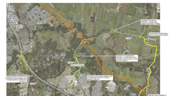 Mapping showing the roads and intersections which need to be upgraded around the Coomera Connector. Supplied by Mark Hammel.