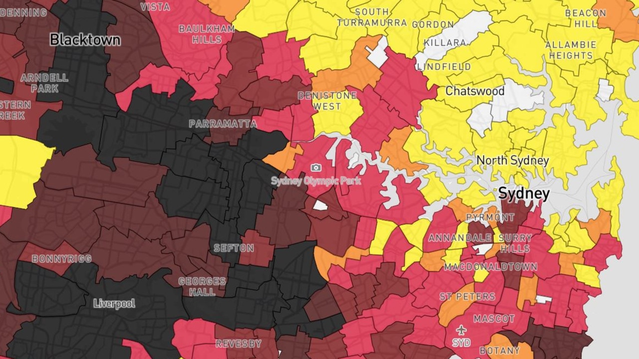 Covid case numbers in the suburbs north and east of Parramatta LGA are lower than in other areas. Source: NSW Health