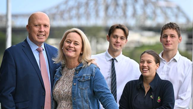 25/05/2022: Former Defence Minister Peter Dutton with wife Kirilly, daughter Rebecca 20 and sons Tom 16 and Harry 17 (far R). Picture: The Australian