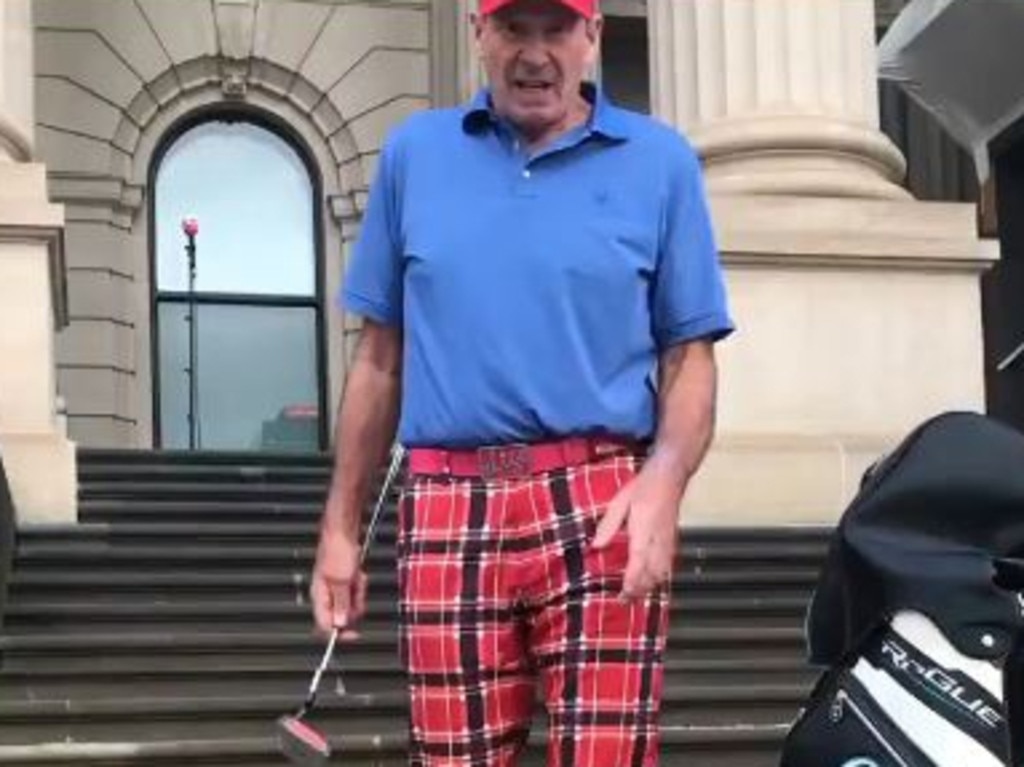 Sam Newman was all dressed up at Parliament House but had nowhere to use his clubs.