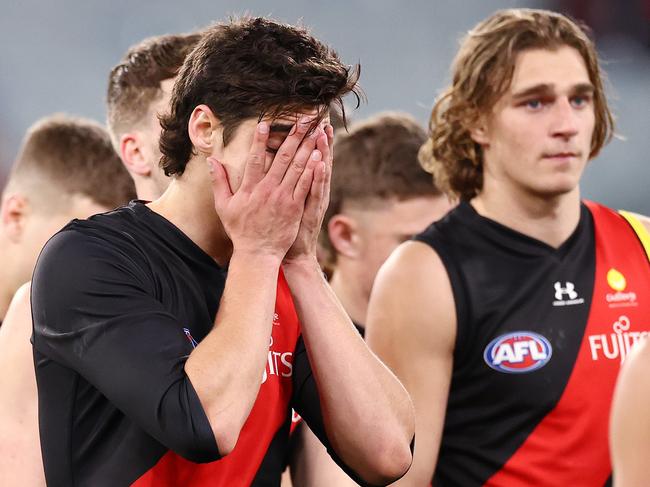 AFL Round15 . Essendon vs Melbourne at MCG, Melbourne. 26/06/2021.  Brandon Zerk-Thatcher of the Bombers after tonights loss to Melbourne    .  Pic: Michael Klein