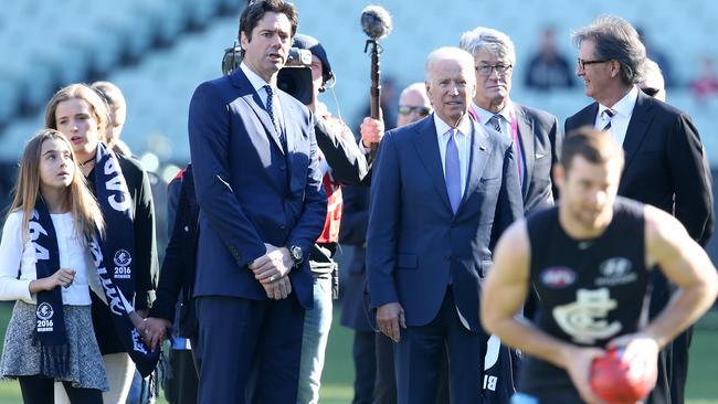 US vice-president Joe Biden watches Carlton’s warm-up at the MCG. Picture: Michael Klein