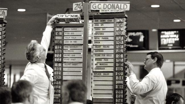 Bookmakers at Moonee Valley racecourse in 1991.