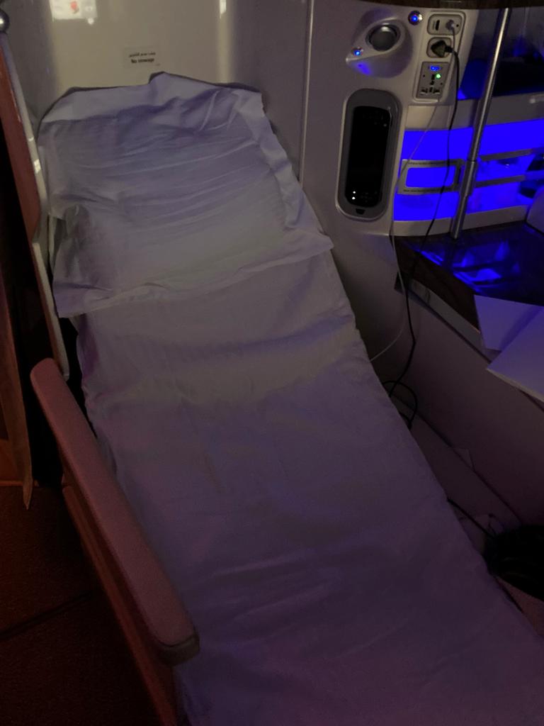 The Emirates A380 offers a thin mattress to put on top of your seat. Picture: news.com.au