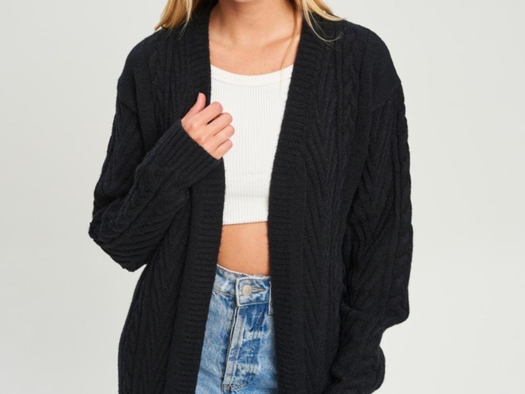 You could opt for a longline black cable knit cardigan.