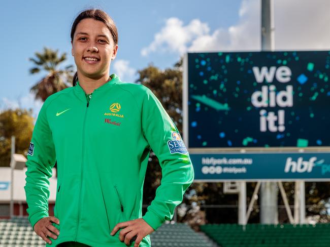 Matildas captain Sam Kerr poses for a photograph before a press conference at HBF Park in Perth, Friday, June 26, 2020. Australia and New Zealand will co-host the Women's World Cup in 2023. (AAP Image/Richard Wainwright) NO ARCHIVING