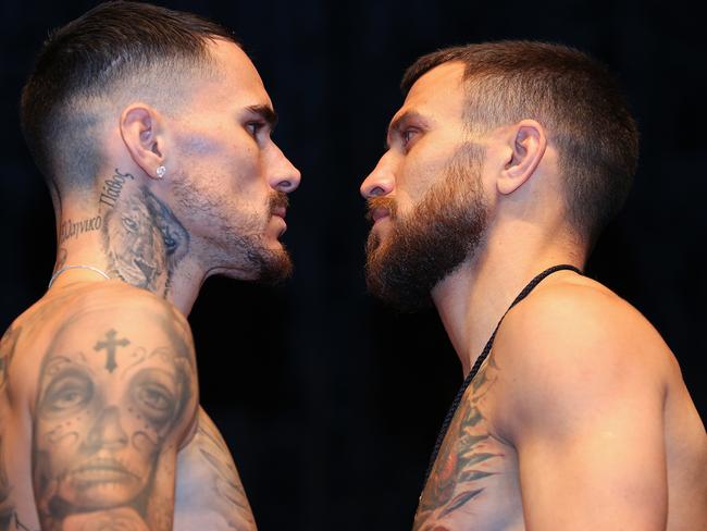 Kambosos and Lomachenko had another intense face-off. Picture: Mikey Williams/Top Rank