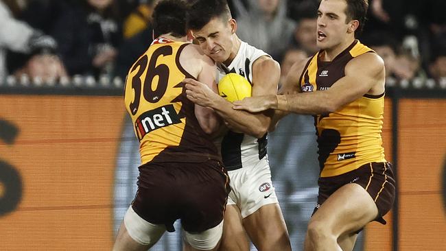 Daicos was heavily tagged against the Hawks. Picture: Daniel Pockett/Getty Images