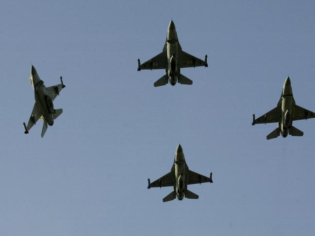 FILE - In this April 26, 2005 file photo, Israeli Air Force F-16 fighter planes fly over the funeral of former Israeli President Ezer Weizman during a state ceremony in the northern Israeli town of Or Akiva, Israel. Croatia's defense minister says Israel has failed to overcome U.S. objections to a plan to sell 12 used fighter jets to Croatia and the $500 million deal will likely be canceled. Damir Krsticevic spoke after a meeting with Israeli defense officials in Zagreb on Thursday, Jan. 10, 2019. (AP Photo/Oded Balilty,file )