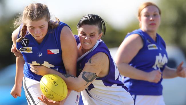 Officer and Hastings in action at the Officer Recreation Reserve, one of the many venues hosting women’s football this season. Picture: Alex Coppel.