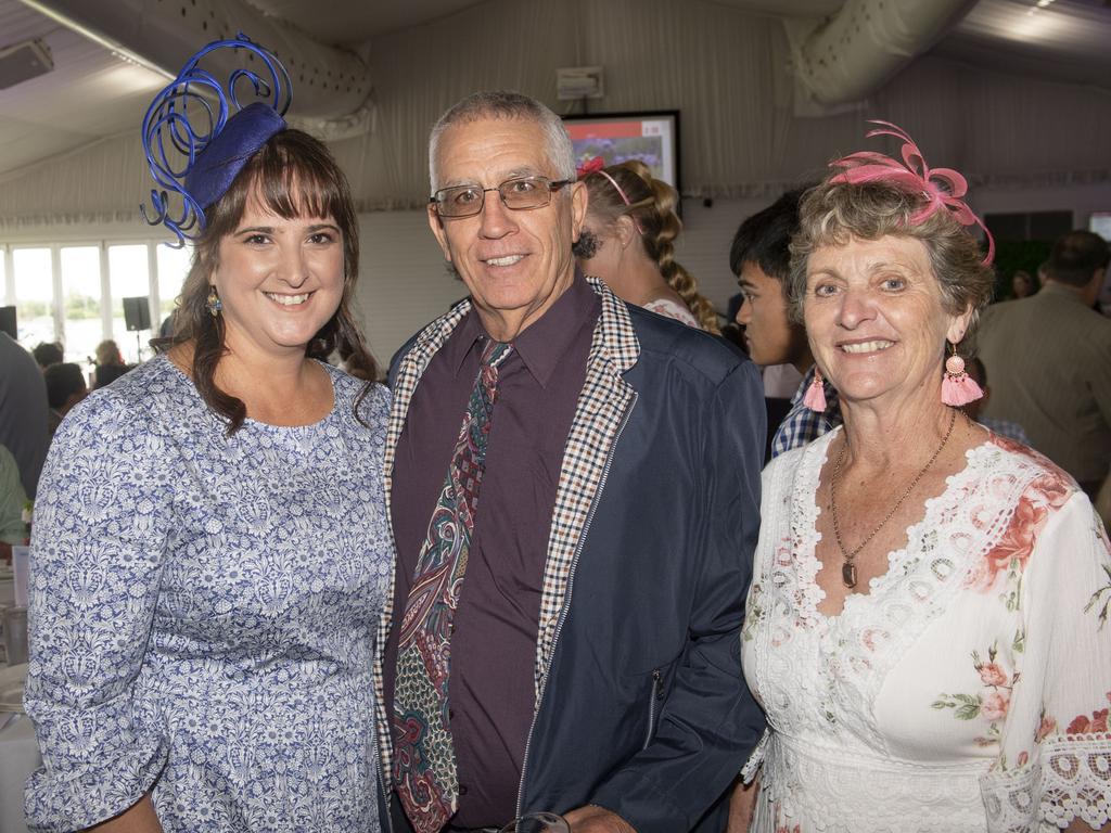 (from left) Samantha Meara, Jeffrey Naumann and Helen Naumann. Melbourne Cup Day at the Toowoomba Turf Club. Tuesday, November 1, 2022. Picture: Nev Madsen.