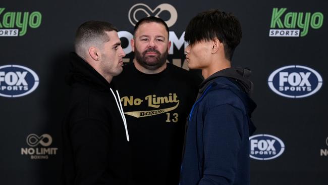 Hardman faces off with Kuzuki Kyohara ahead of their fight on Wednesday night. Picture: No Limit Boxing