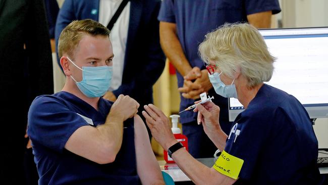 A NSW frontline health worker gets the COVID-19 vaccination at the Royal Prince Alfred Hospital in Sydney. Picture: Toby Zerna