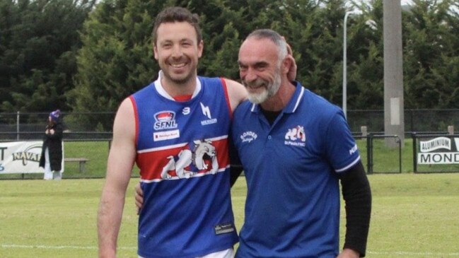 Steve Muller (left) departs in his final game with Jason Heffernan (right).
