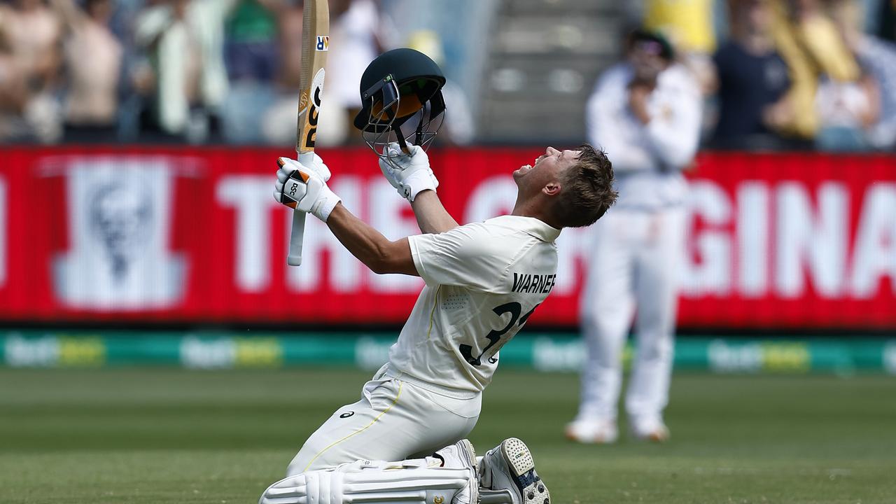 Warner celebrates a double century at the MCG. Picture: Darrian Traynor/Getty Images