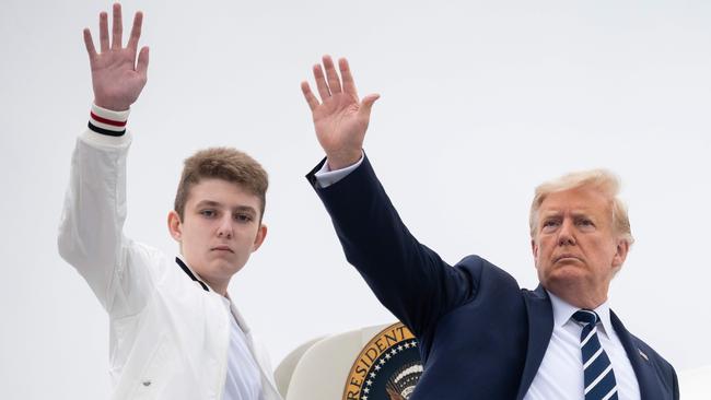 Donald Trump and son Barron board Air Force One at Morristown Municipal Airport in Morristown, New Jersy, on Monday. Picture: AFP