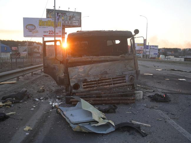 A charred military vehicle near the town of Bucha in the Kyiv region. Picture: Reuters