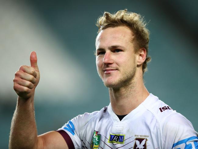 Manly's Daly Cherry-Evans celebrates victory after the South Sydney v Manly rugby league game at Allianz Stadium, Sydney. Pic Brett Costello