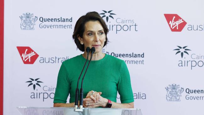 Virgin Australia CEO Jayne Hrdlicka in one of her few public appearances in the last six months, announcing new flights from Cairns to Tokyo. Picture: Brendan Radke