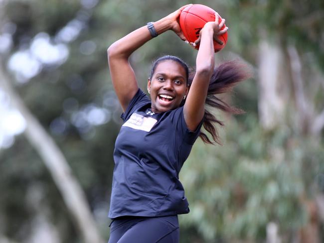 Originally from Darwin, Steph Williams now lives on campus at Geelong College. She said she “couldn’t believe it” after getting selected at No.27 by Geelong Cats in the 2020 AFLW Draft. Williams is also wanting to study to be a social worker to bridge the gap in Indigenous communities. Picture: Glenn Ferguson