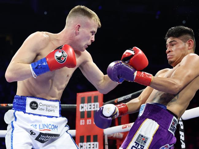 Liam Wilson (L) and Emanuel Navarrete (R) exchange punches during their vacant WBO junior lightweight championship fight at Desert Diamond Arena on February 03, 2033 in Glendale, Arizona. (Photo by Mikey Williams/Top Rank Inc via Getty Images)