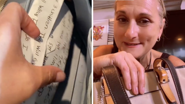 The unnamed woman took to TikTok to explain how she'd found the cash and letter hidden inside her $7 op-shop bag. Source: TikTok.