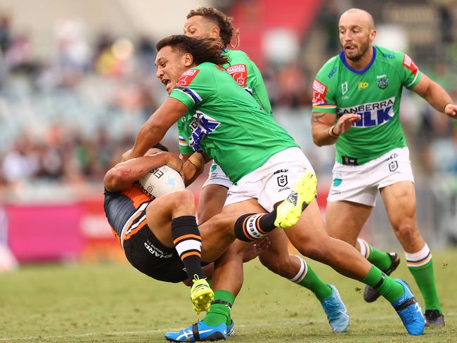 Josh Papalii throws his weight around for the Raiders. Picture: Mark Nolan/Getty Images