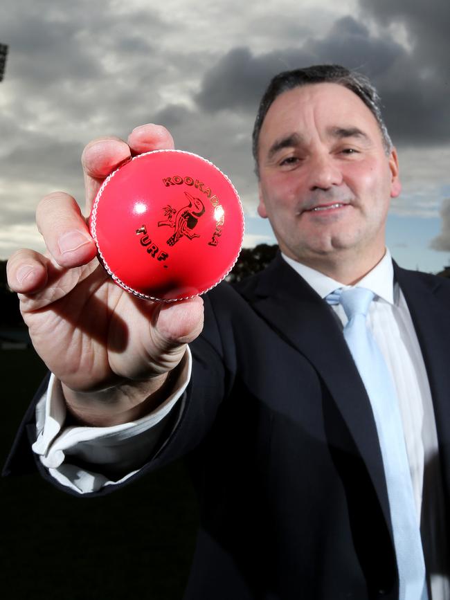 SACA chief executive Keith Bradshaw with the pink day-night ball Adelaide Oval is making its own. Picture Simon Cross