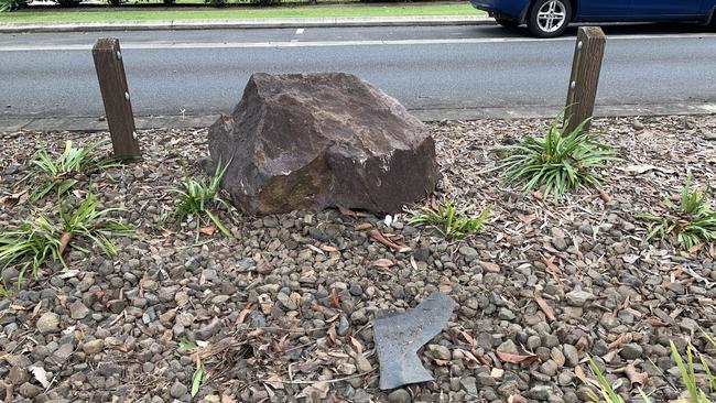 Street posts were knocked out and a tree left damaged after a ute crashed in Woodgrove Boulevard in Beerwah. Picture: Aisling Brennan