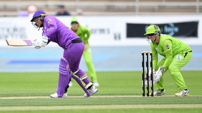 Chloe Tryon of the Hurricanes bats against the Sydney Thunder in Burnie. Picture: STEVE BELL/GETTY IMAGES