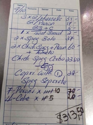 The $313 bill from the Seaside Eatery Italian restaurant in Narrabeen.