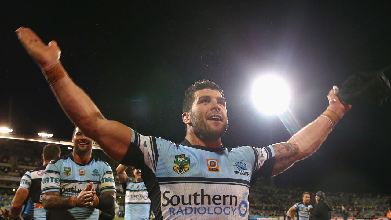 Michael Ennis of the Sharks celebrates victory over the Raiders in 2016