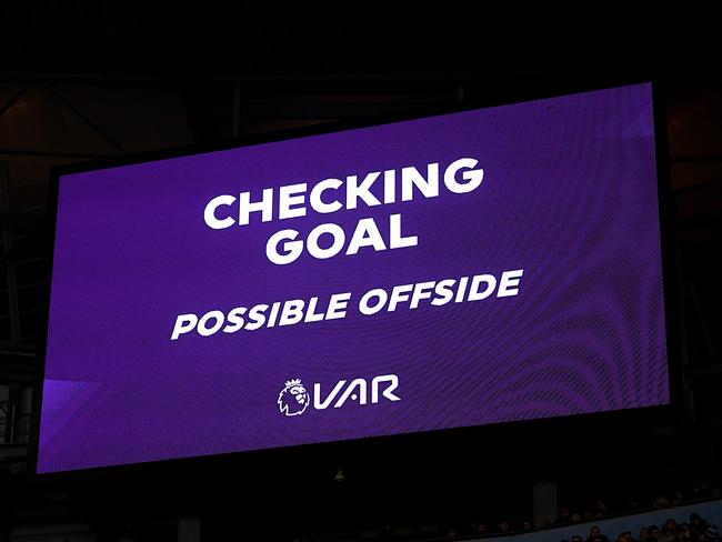 MANCHESTER, ENGLAND - DECEMBER 29: The Big screen shows the VAR check for a possible offside during the Premier League match between Manchester City and Sheffield United at Etihad Stadium on December 29, 2019 in Manchester, United Kingdom. (Photo by Michael Regan/Getty Images)