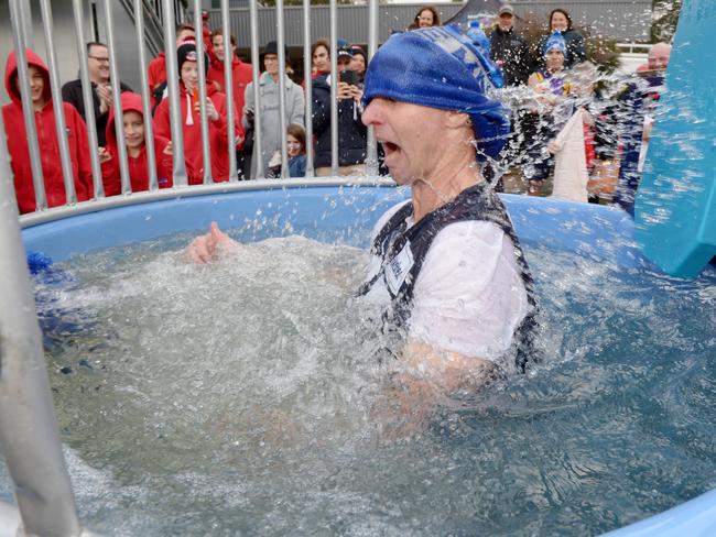 EFL chief executive Phil Murton is dunked. Picture: Steve Tanner