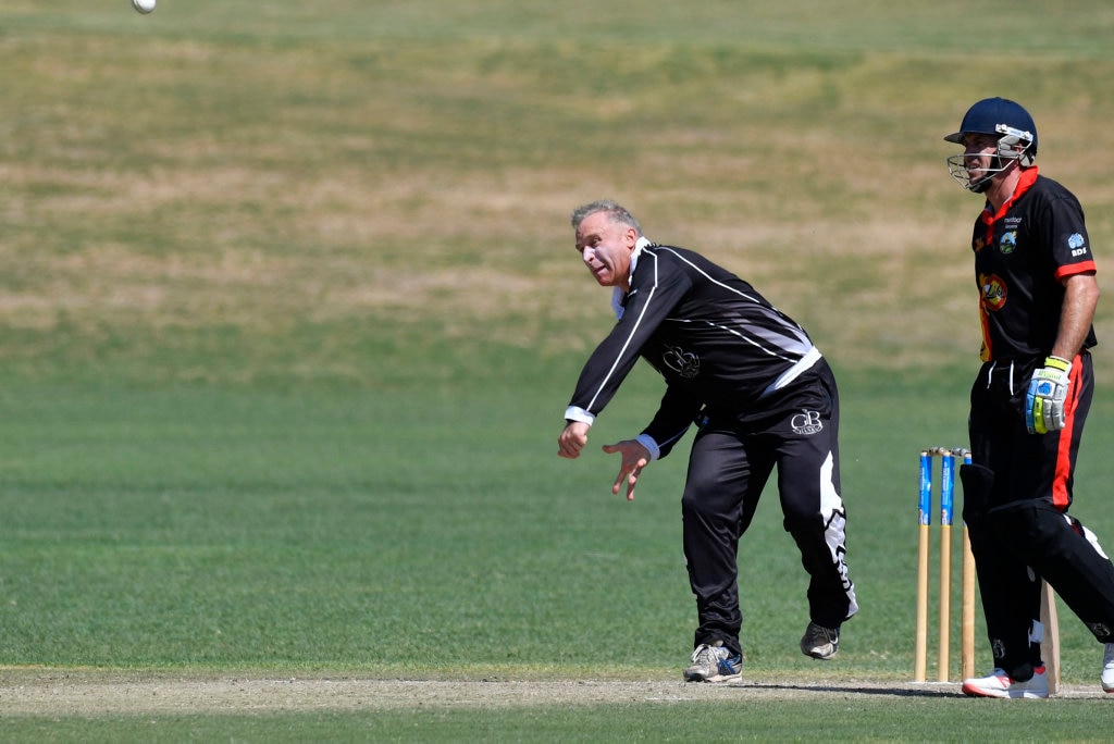 Derek Nitschke bowls for George Banks Umbrellas against Liebke Lions in Darling Downs Bush Bash League (DDBBL) round five T20 cricket at Highfields Sport Park, Sunday, October 20, 2019. Picture: Kevin Farmer