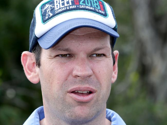 Matt Canavan, LNP senator, near the Clermont Protest of the Bob Brown led Anti Adani Convoy, on the Herschel St near the show grounds, Clermont, on Saturday April 27th, 2019 (Image AAP/Steve Pohlner)