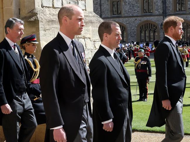 Tensions remain high between Prince William and Prince Harry, pictured at Prince Philip’s funeral. Picture: Getty Images