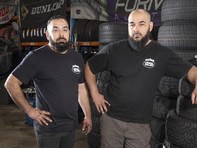 Co-owners and brothers Bassam and Hassan Halwani from The Wheel Gallery, Campbellfield. Picture: Ellen Smith