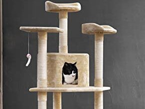 This cat tower has a sisal-clad scratching pole and plush perching spots. Picture: Amazon Australia