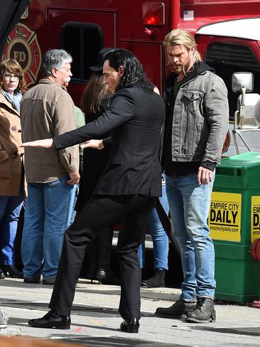 Hollywood actors Chris Hemsworth (right) and Tom Hiddleston act a scene during the filming of the movie Thor: Ragnarok in Brisbane, Picture: AAP